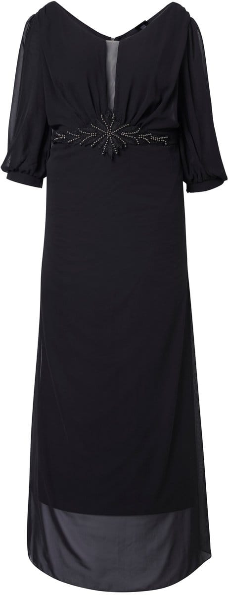 Ulla Popken - Dames - Chiffon maxi-jurk dubbellaags V-hals 3/4-mouwen - Zwart - Maat 52