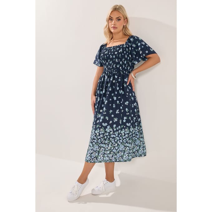 Yours Marineblauwe Maxijurk Met Bloemenprint En Smokwerk Size 42