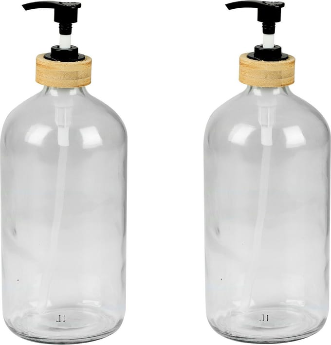 Urban Living Zeeppompje/zeepdispenser - 2x - glas/bamboe - transparant - 1 liter - 24 cm