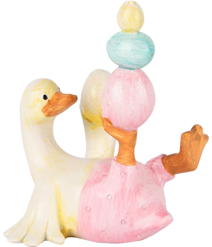 Dekoratief | Eend liggend m/eitjes, wit/roze, resina, 7x6x9cm | A250516