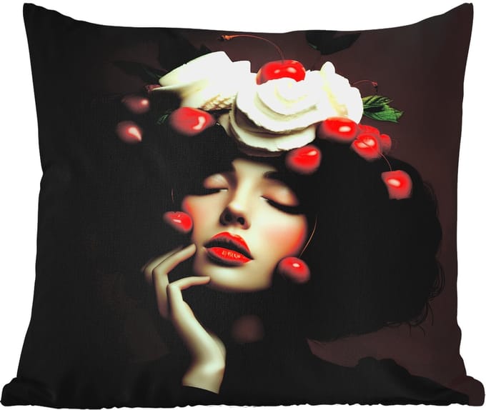 Buitenkussen - Vrouw - Kersen - Slagroom - 45x45 cm - Weerbestendig