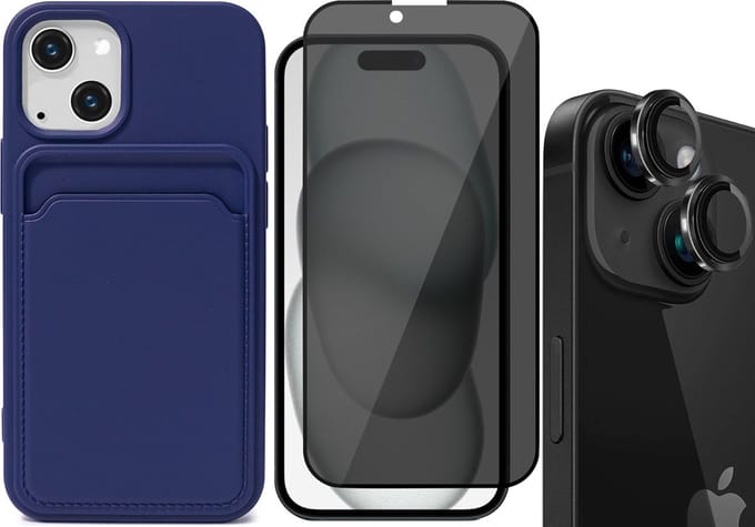 Hoesje Pasjeshouder geschikt voor iPhone 15 Plus - Privacy Screenprotector FullGuard + Camera Lens Screen Protector Zwart - Siliconen Case Back Cover Blauw