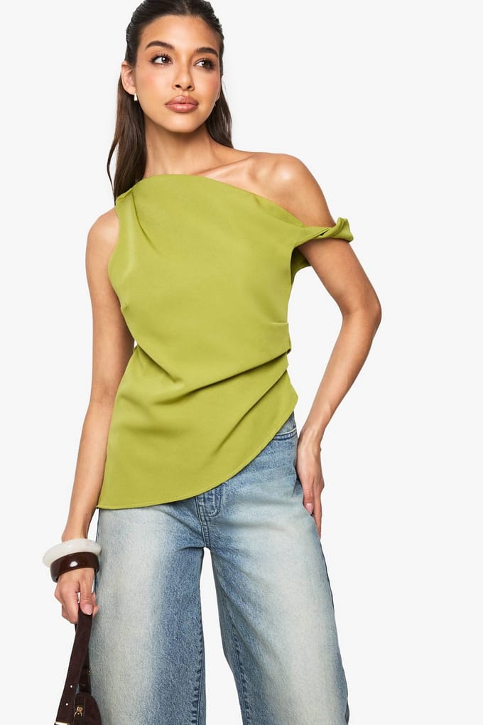 boohoo Dames Geweven Gedrapeerde Asymmetrische Top | Olijf | Maat: 36