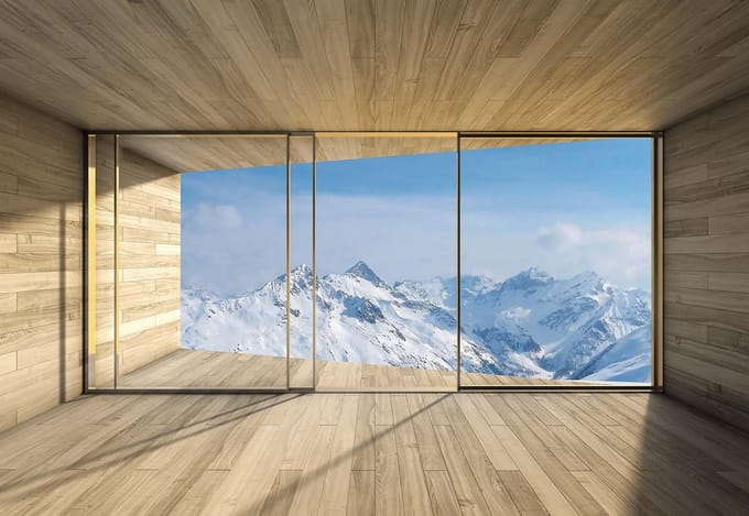 Fotobehang Window Snow Mountain Clouds Sky  | XL - 208cm x 146cm | 130g/m2 Vlies