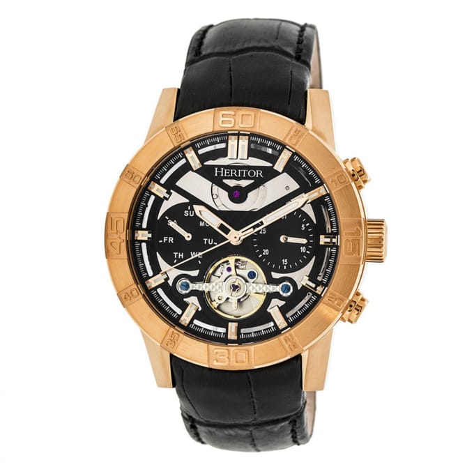 Heritor Automatic Hannibal Semi-Skelet Horloge met Leren Band - Roségoud/Zwart