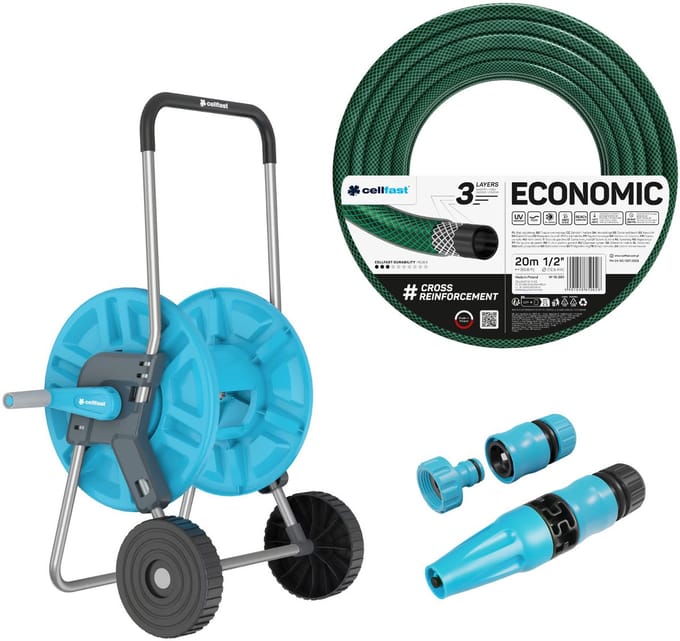 Cellfast Aluplus-slangwagen 1/2" 60 m + Cellfast Economic-tuinslang 1/2" 20 m + set met Cellfast Basic-sproeier 1/2"