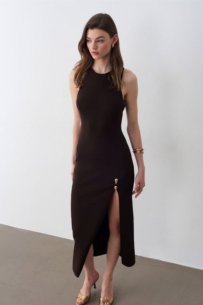 Mouwloze Ribbed Bodycon Midi Jurk