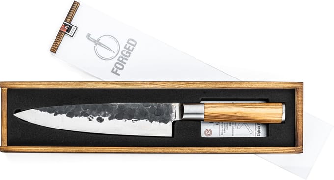 Forged Olive Koksmes 20cm - Olijfhout - In Houten Giftbox