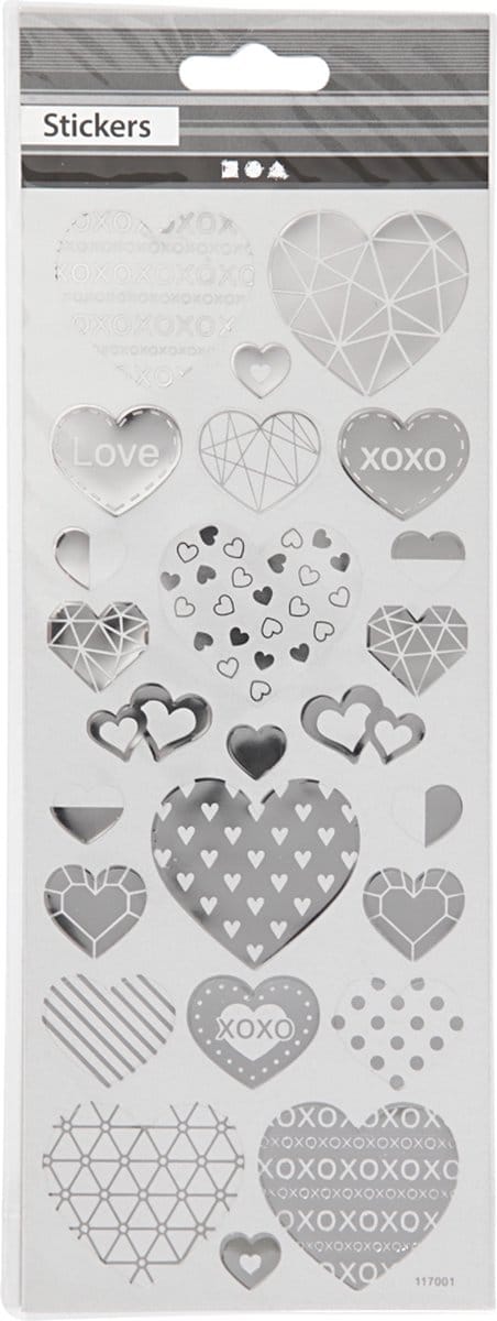 Stickers, harten, vel 10x24 cm, ca. 25 stuk, zilver, 1 vel