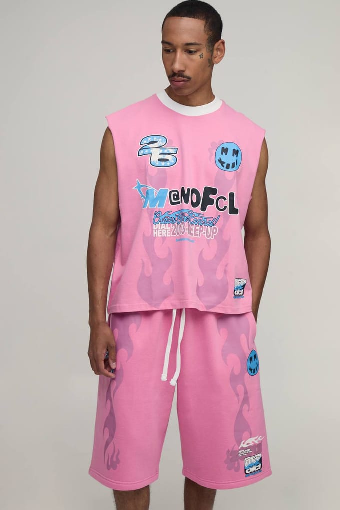 Oversized Boxy Moto Grafische Tanktop En Jort Set | Pink | Size Medium
