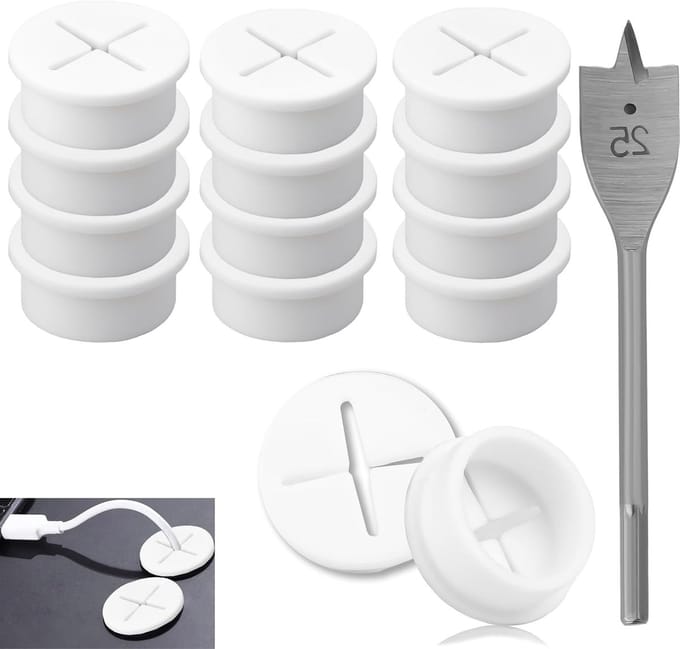 Set van 12 Flexibele Silicone Kabeldoorvoeren van 25 mm in Wit met Boor voor Kantoor, School en Computergebruik