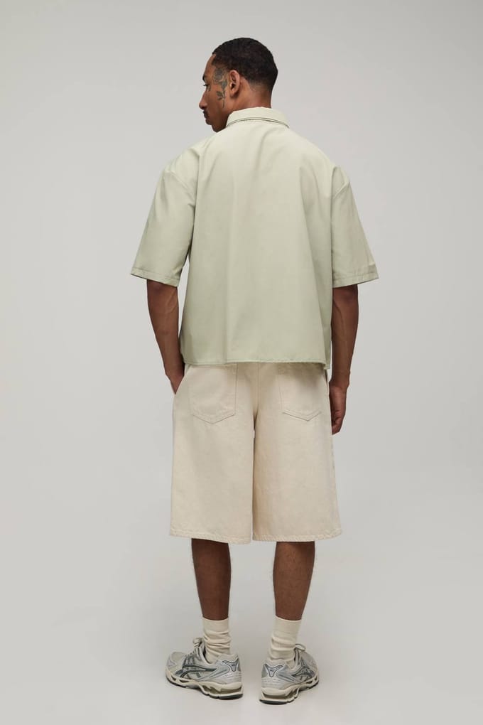 Oversized Boxy Shirt Met Halve Mouw En Stropdas | Sage | Size Small