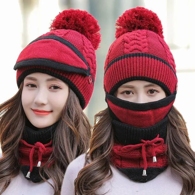 Wollen Muts Dames Winter Schattig Alles-passend Verdikking Warm Fietsen Gebreide Muts Plus Fluweel Warme Muts Dames bordeaux