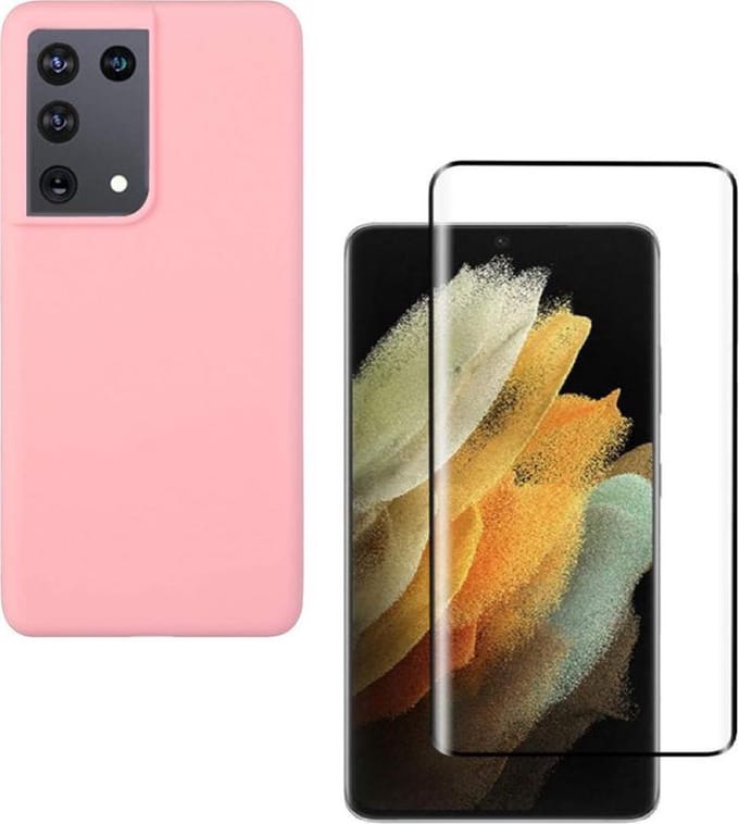Solid hoesje Geschikt voor: Samsung Galaxy S21 Ultra Soft Touch Liquid Silicone Flexible TPU Rubber - licht roze  + 1X Screenprotector Tempered Glass
