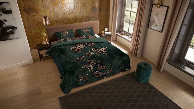 Pure dekbedovertrek jungle met panterprint vlinders - 2 persoons 200x200/220 cm - Donkergroen - Microvezel