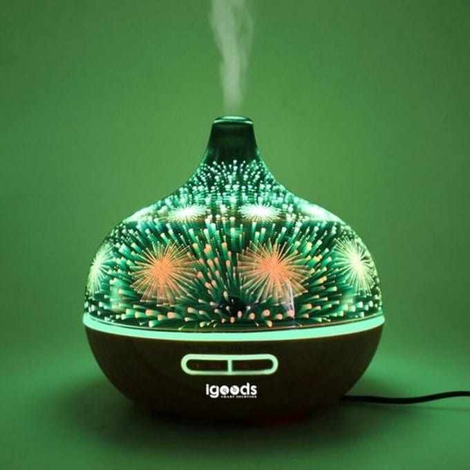 IGOODS - Ultrasonic Aroma Diffuser 3D - Donker bruin hout - 400ml - vuurwerkpatroon