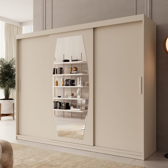 Meubella - Kledingkast Azai - Beige - 250 cm - Met spiegel