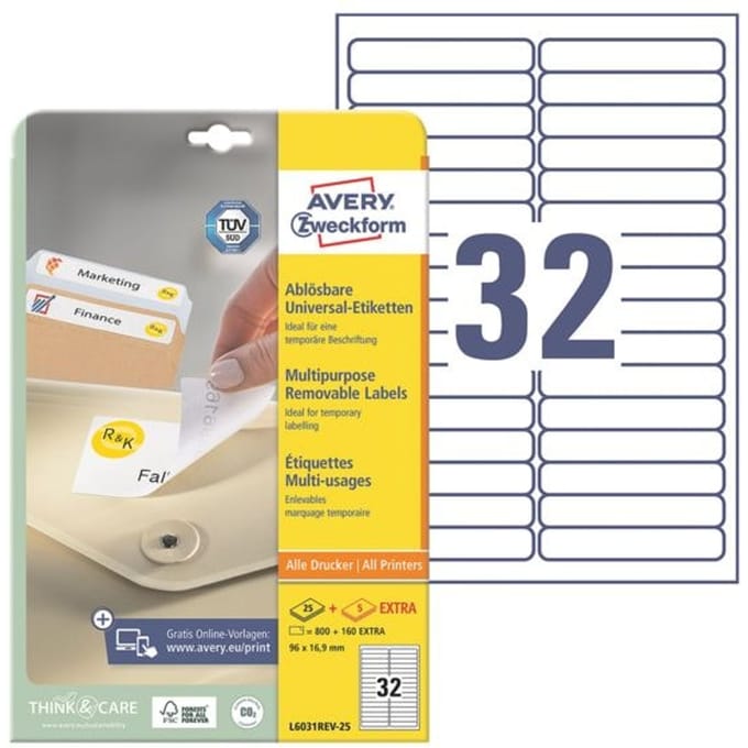 Etiket avery zweckform l6031rev-25 96x16.9mm Afneembaar wit 800stuks