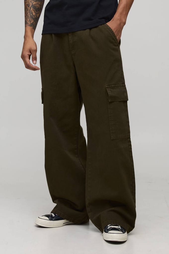 Broek met brede pasvorm, half & half tailleband, cargozakken en gewassen twill | Khaki | Size XL