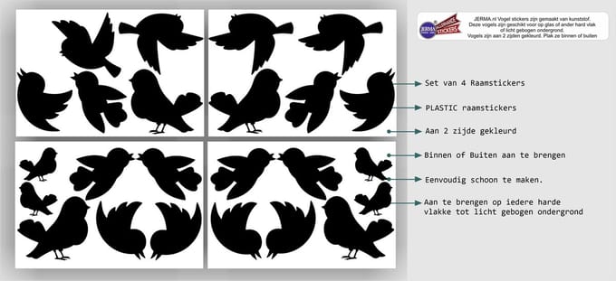 Jerma - Vogel raam sticker set 23 vogels - Raamsticker - Zwart