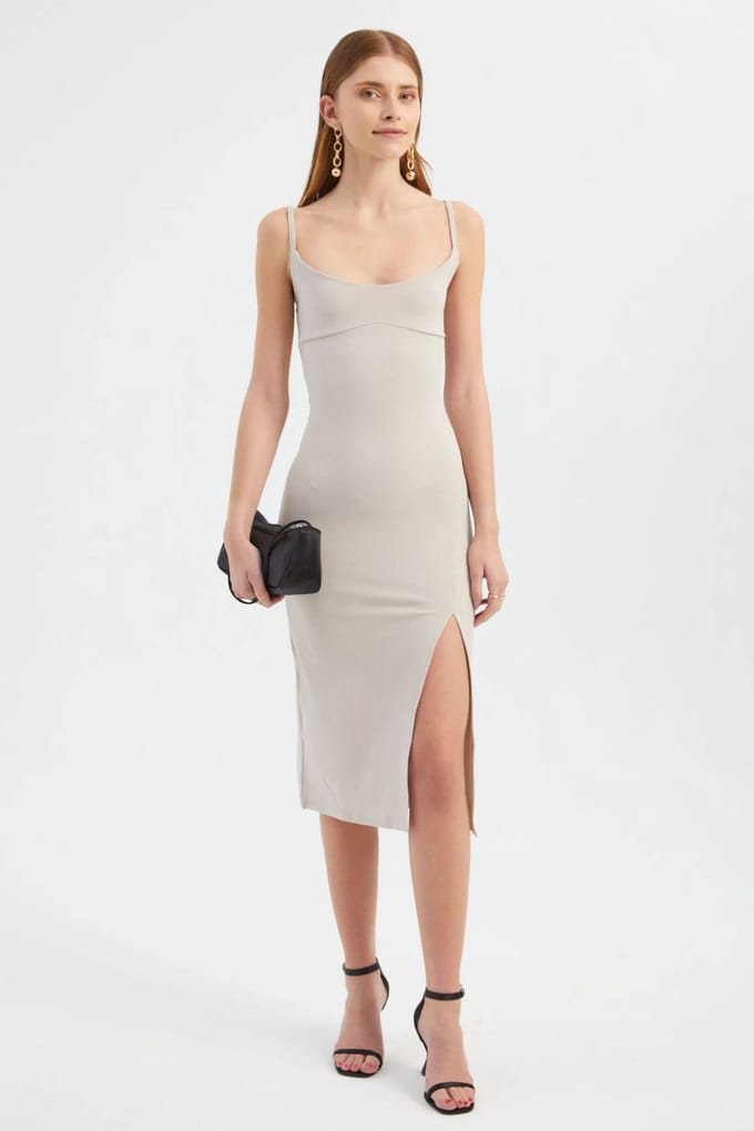 Scoop Neck Spaghetti Top Midi Bodycon Jurk met een Zijsplit