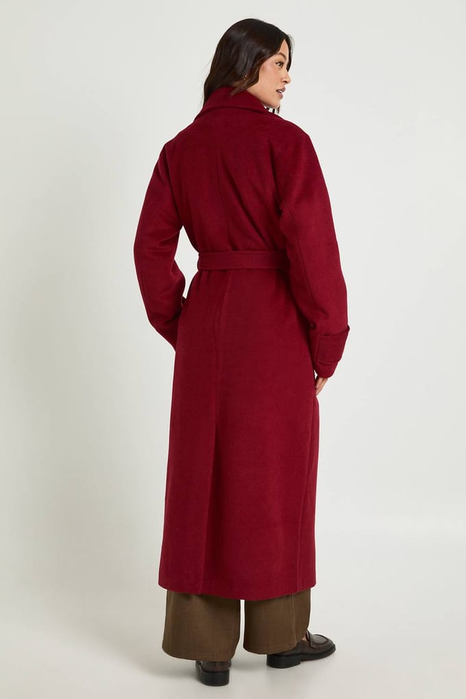 boohoo Dames Lange ceintuurmantel van wollen melange | Bordeaux Rood | Maat: 36