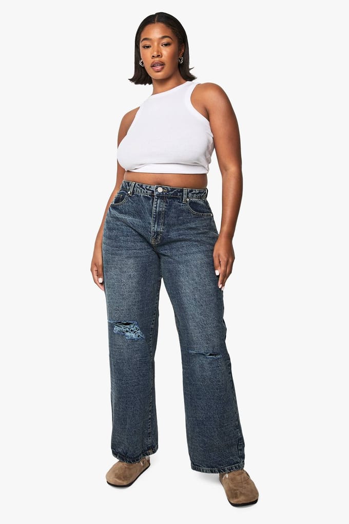boohoo Dames Plus Basics Ripped Knee Boyfriend Jeans | Vintage Blue | Maat: 16