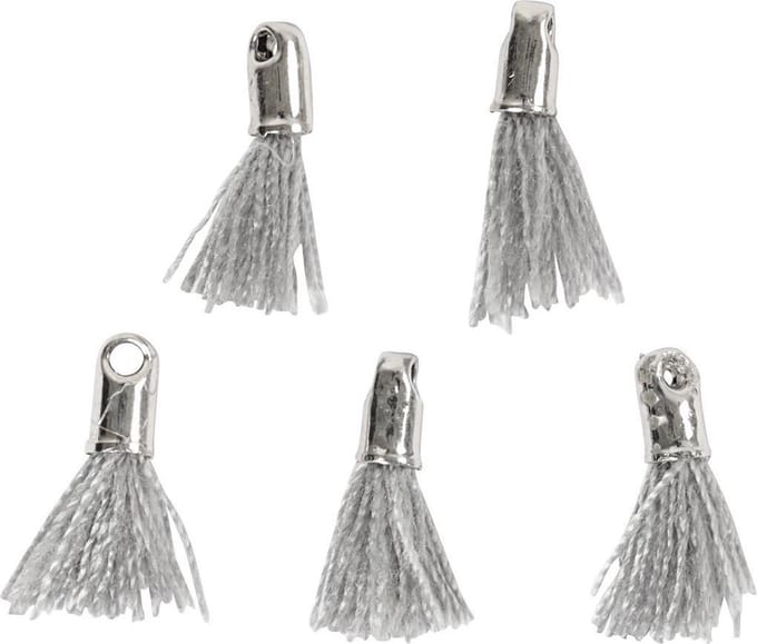 Tassel, L: 10 mm, gatgrootte 1 mm, grijs, 5 stuk/ 1 doos
