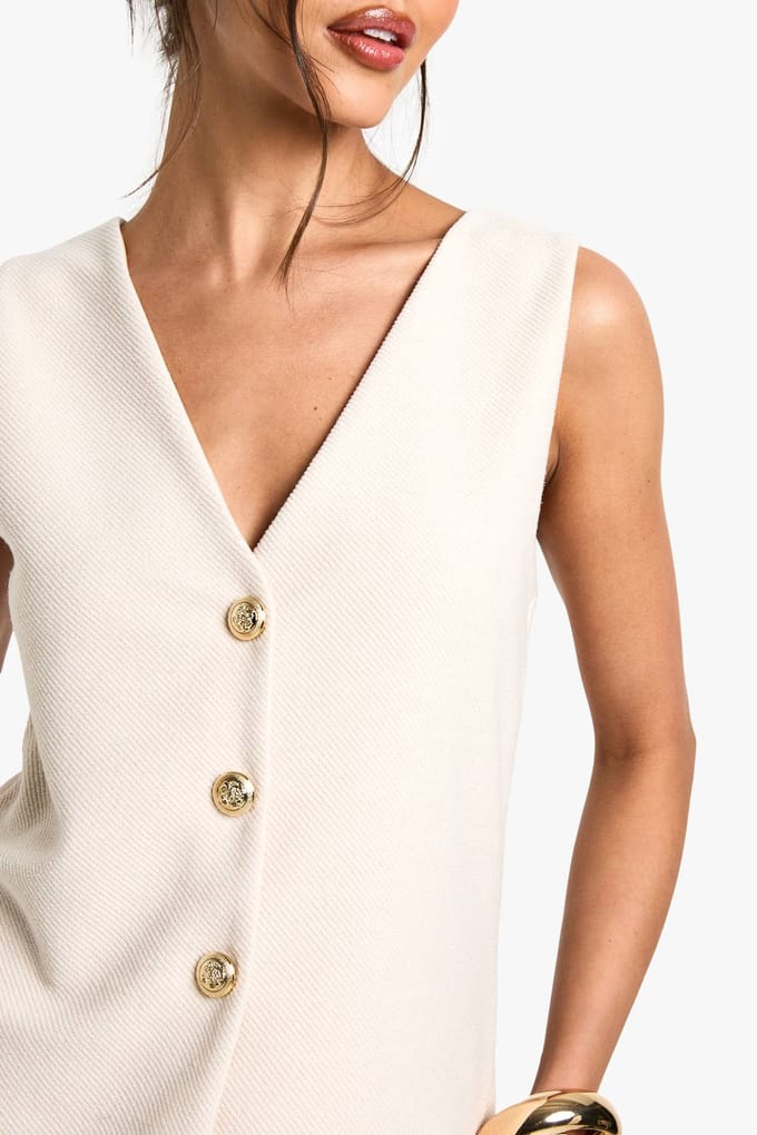 boohoo Dames Gestructureerd vest met knoopsluiting, V-hals en lange snit | Creme | Maat: 36