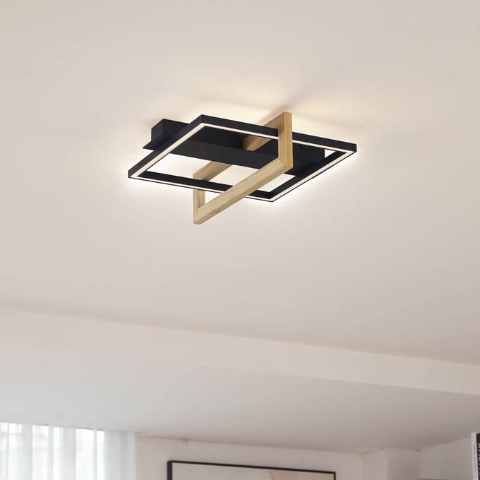 Lindby LED plafondlamp Holamu, 46cm, zwart, hout, metaal
