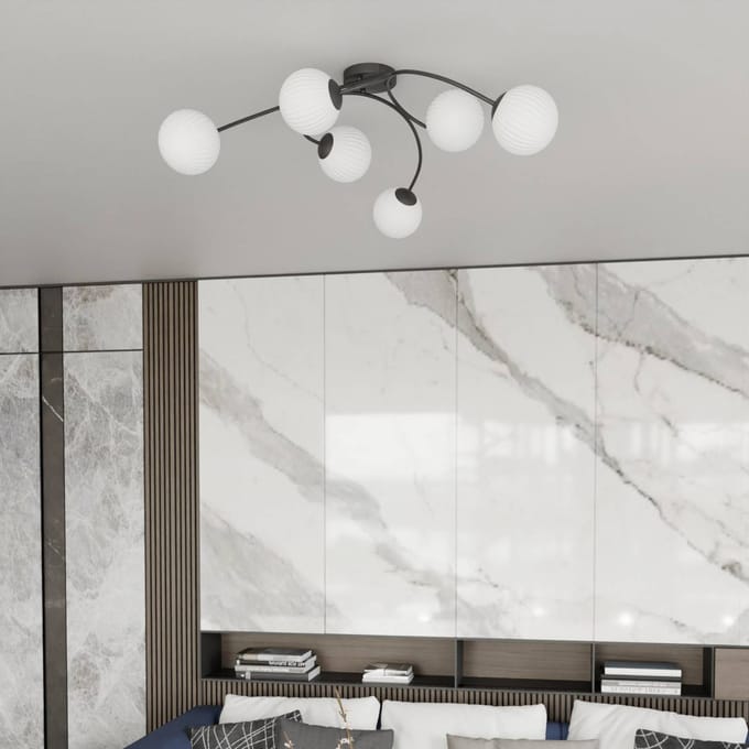 EMIBIG LIGHTING Plafondlamp Vibra, opaal/zwart, lengte 97 cm, glas, 6-lamps.
