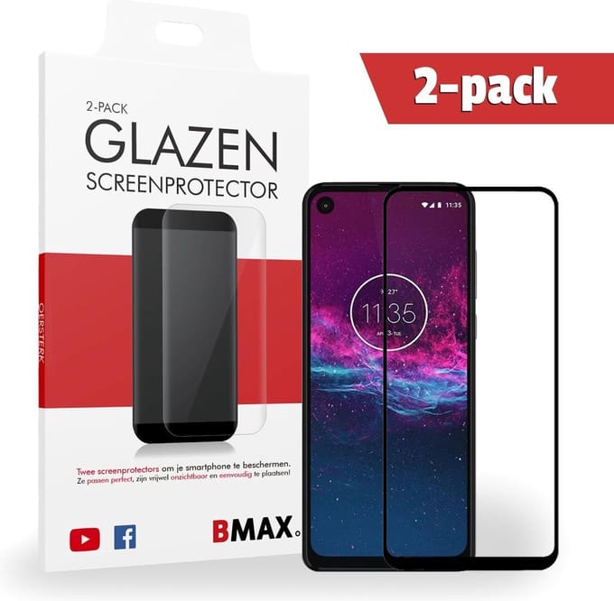 2-pack BMAX geschikt voor Motorola Moto One Action Screenprotector - Glass - Full Cover 2.5D - Black