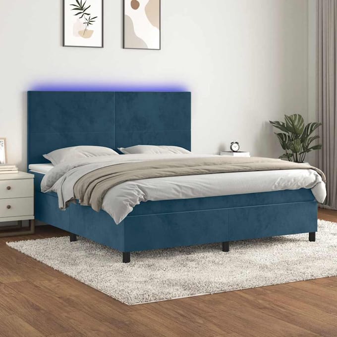 vidaXL - Boxspring - met - matras - en - LED - fluweel - donkerblauw - 160x200 - cm