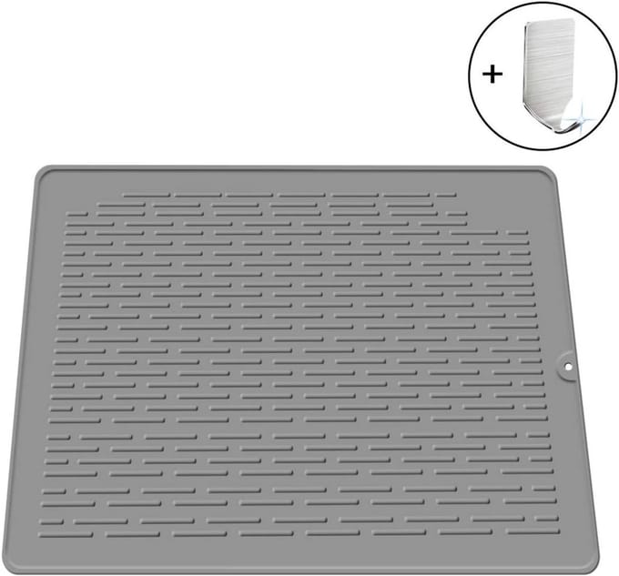 Afdruipmat Siliconen - Droogmat Keuken - Servies Drogen - Antislip met Haken - 58 x 45 cm - Grijs