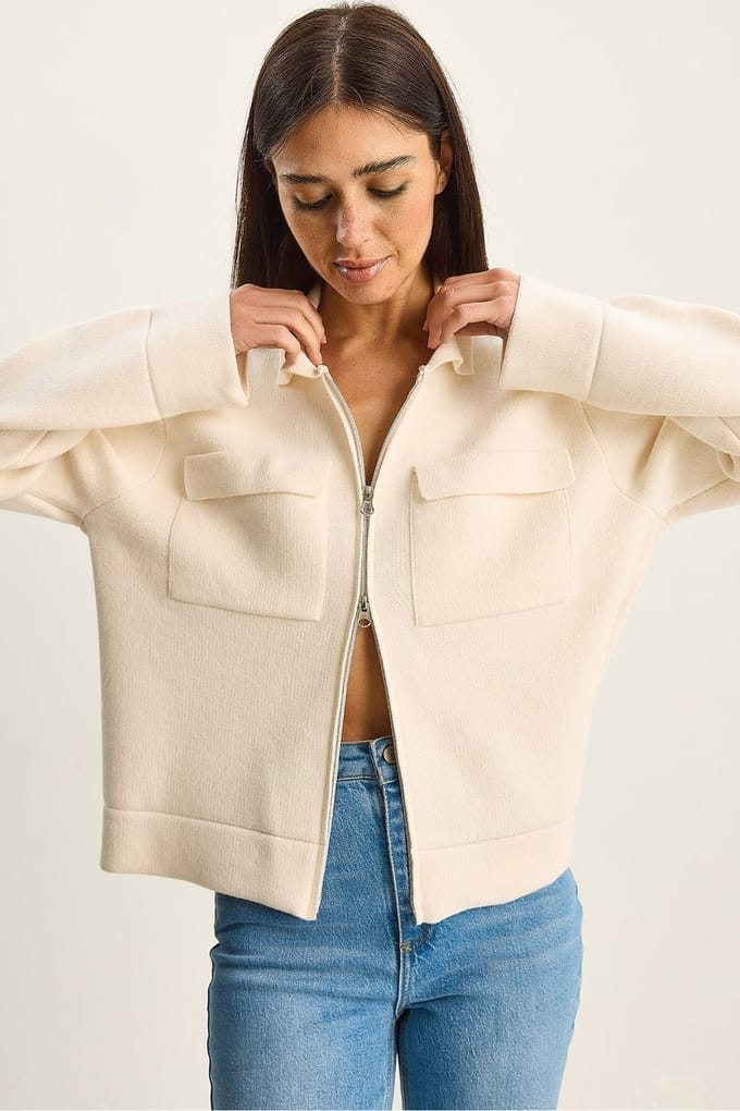 Geribbelde brei cardigan met rits en zakken