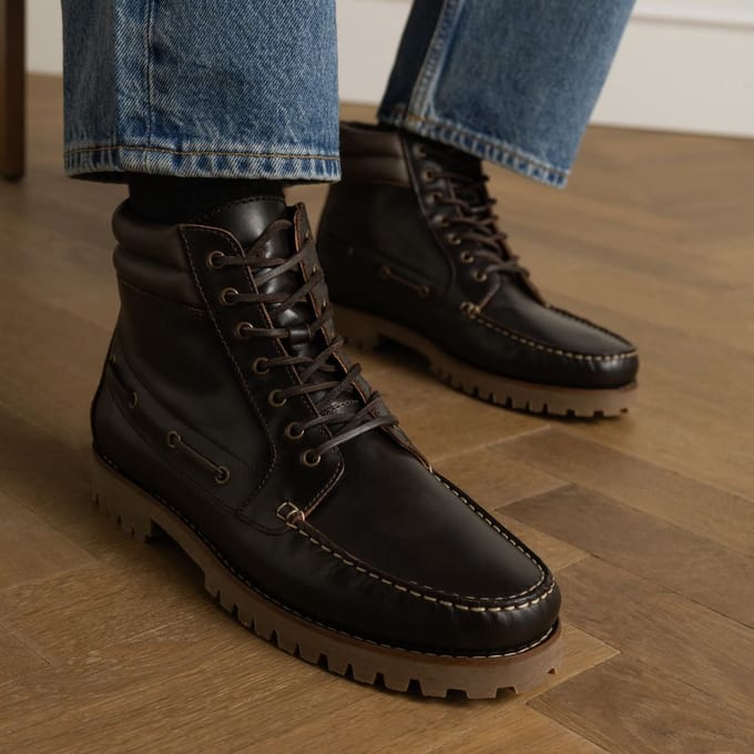 Manfield - Heren - Donkerbruine leren veterboots - Maat 40
