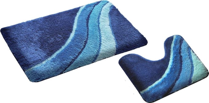Antislip Badmat Set - Blauw - 2-Delig - WC-Mat en Badmat voor Badkamer