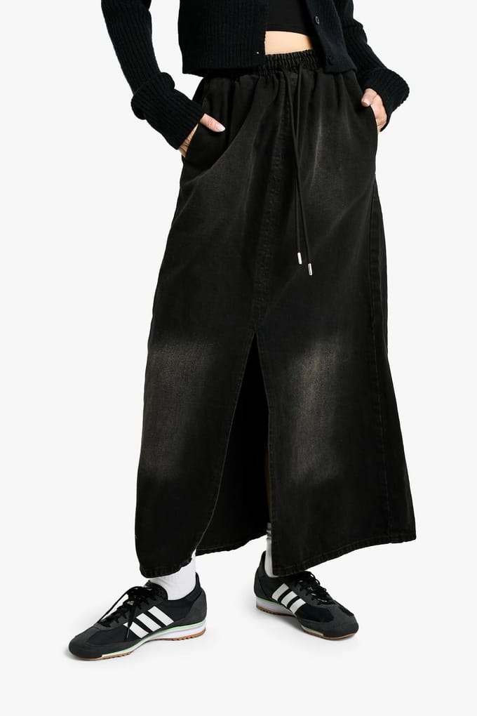 boohoo Dames Gewassen Zwarte Maxi-Rok met Elastische Tailleband | Washed Black | Maat: 38