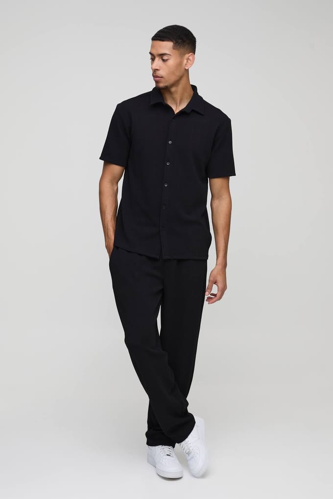 Short Sleeve Jersey Herringbone Shirt & Trouser Set | Black | Size Medium