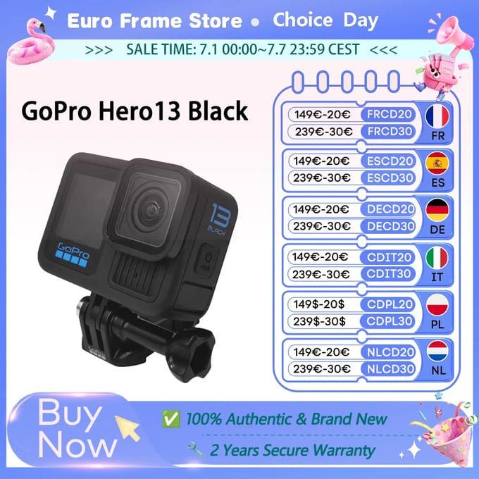 GoPro HERO13 Black Actioncam 5.3K, 4K, 2.7K, Full-HD, Bluetooth, Dual-display, Touchscreen, Stofdicht, Waterdicht, WiFi, Time-lapse,...