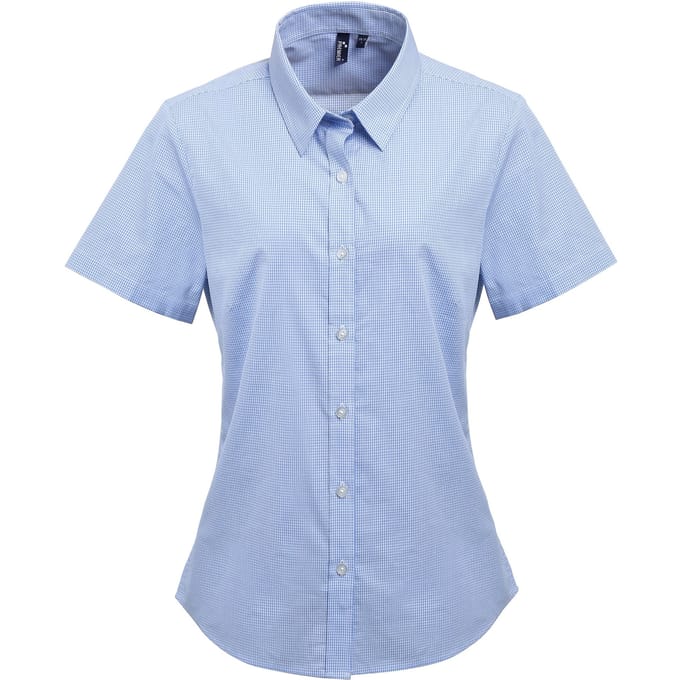 Premier Dames/dames Microcheck Korte Mouwen Katoenen Shirt (Lichtblauw/Wit)
