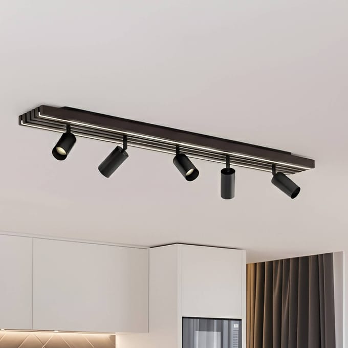 Lucande LED plafondspot Tiron, 5-lamps, 100 cm, eikenhout