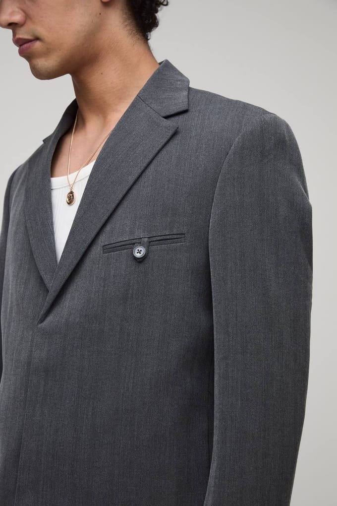 Oversized Boxy Herringbone Suit Blazer | Charcoal | Size Medium
