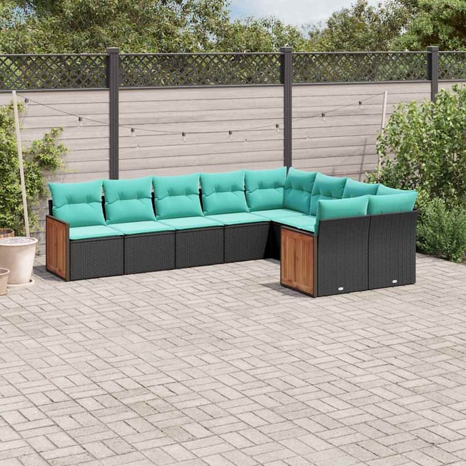vidaXL - 9-delige - tuinbankset - met - kussens - van - zwart - polyrotan