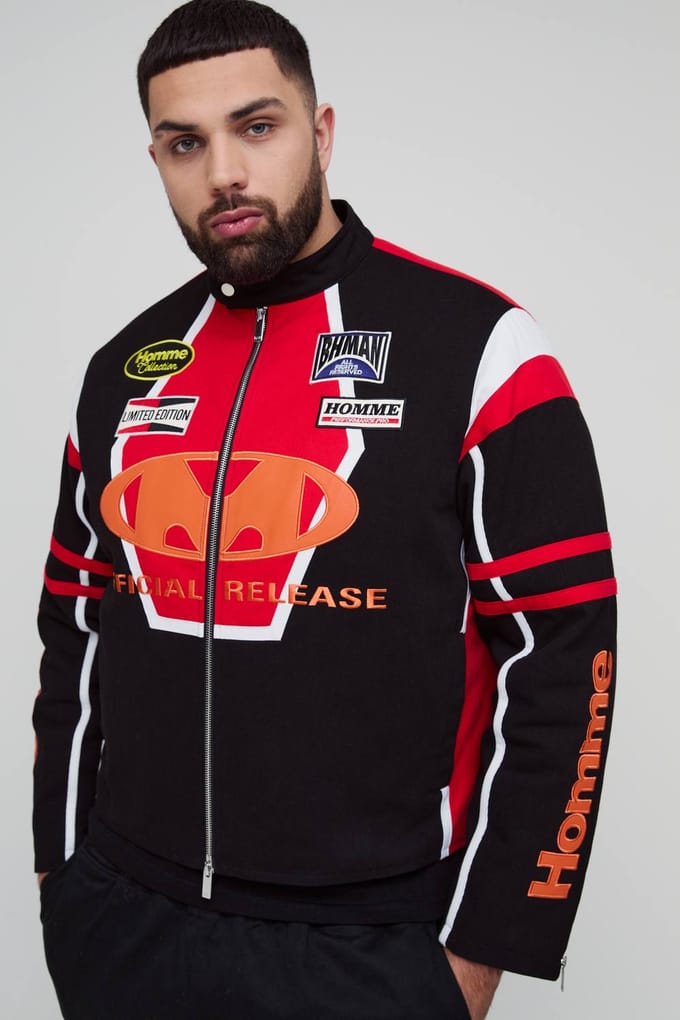 Plus Regular Fit Moto Applique Biker Jacket | Black | Size 2XL