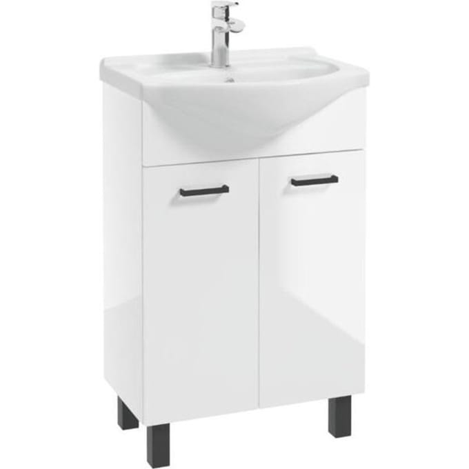 Deftrans Mea - Badkamerkast met Wastafel - 55 cm - Witte Glans - Zwarte Poten