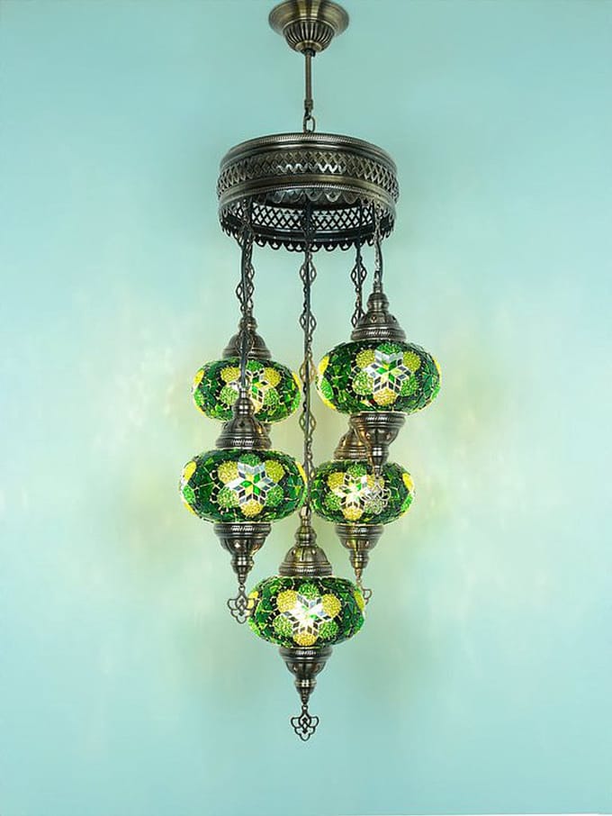 Turkse hanglamp mozaïek glas groen - 5 bollen - hoogte 110 cm - E-14 fitting