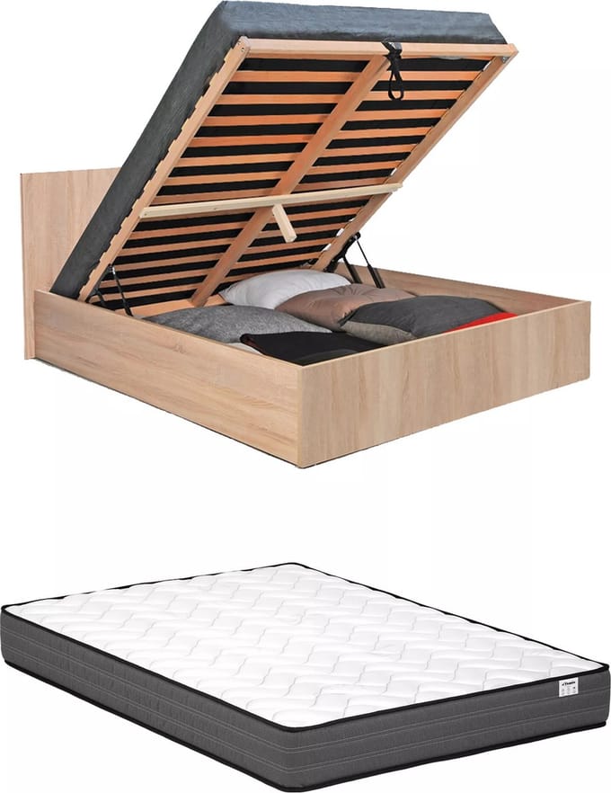 Vente-unique Bed met opbergruimte hout natuurlijk licht 160 x 200 cm