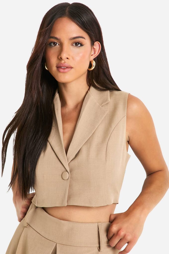 boohoo Dames Marl Tailored Cropped Waistcoat | Camel | Maat: 44