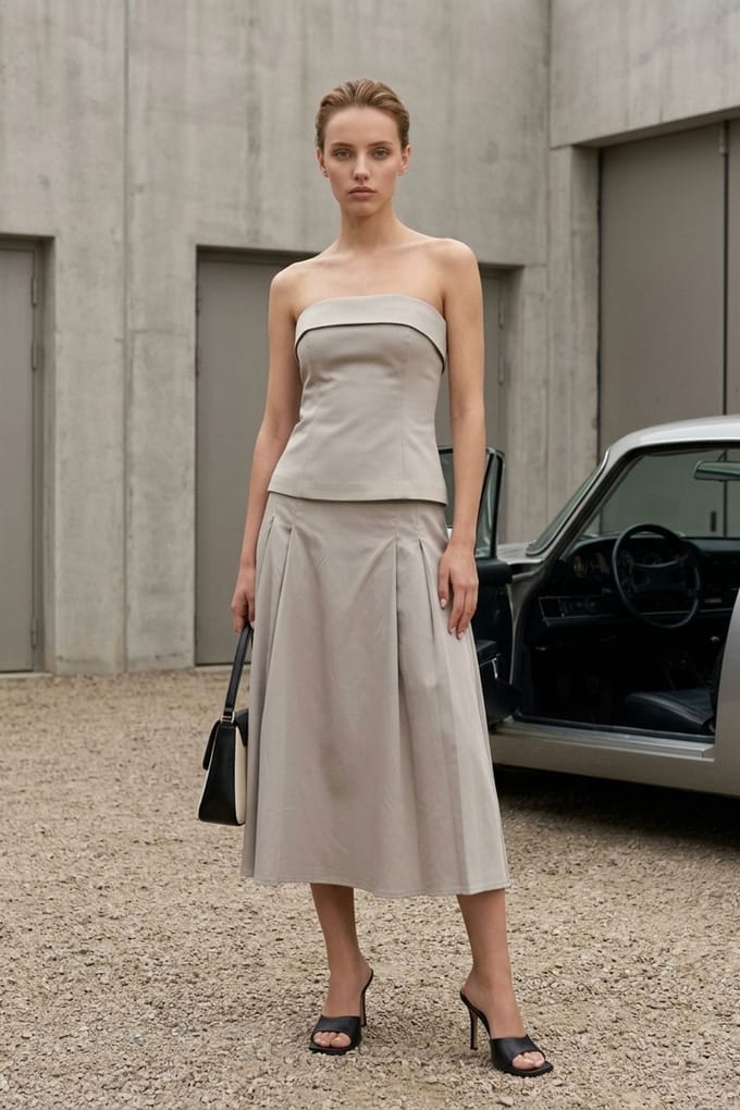 Strapless Blouse en Hoge Taille Midi Rok Set